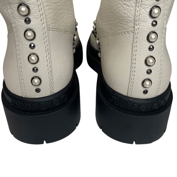 Jimmy Choo Nola Flat Boots Off White EU 37.5 Faux Pearl Studded Lug Sole Zip Up